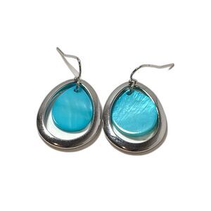 Blue Shell Teardrop Dangle Drop Silver Tone Earrings